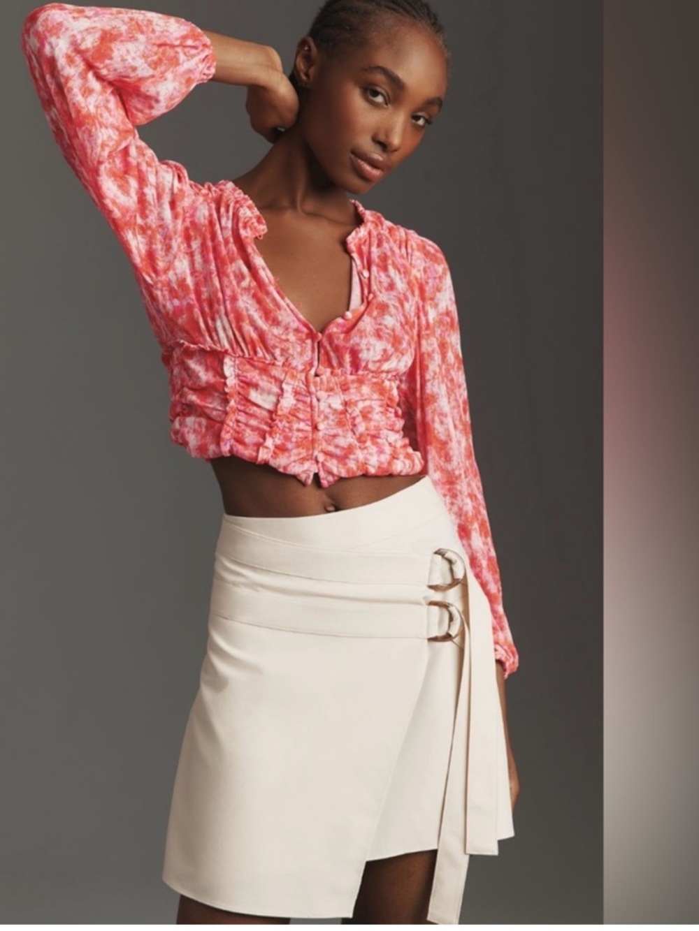 Anthropologie long sleeve ruched crop top pink orange red print front buttons